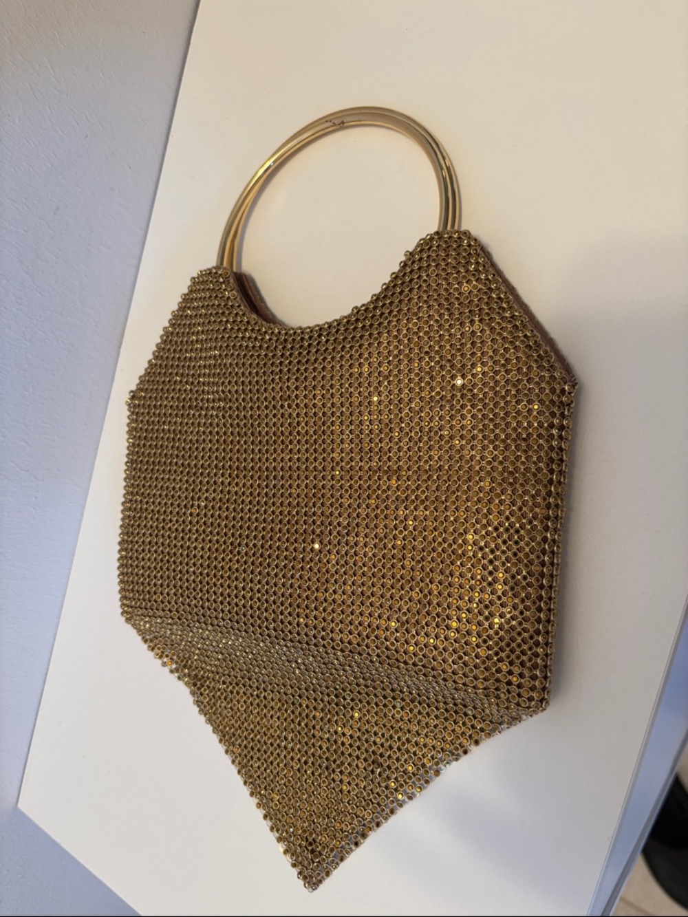 bebe Gold Mesh Evening Clutch with Metal Ring Handles and crossbody chain